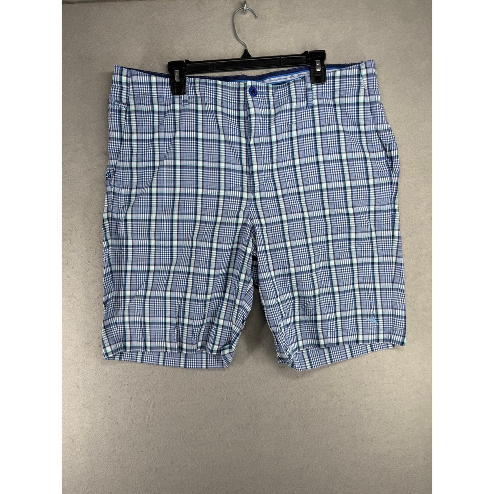Tommy Bahama Mens Plaid Flat Front Shorts Blue White Teal Size 40